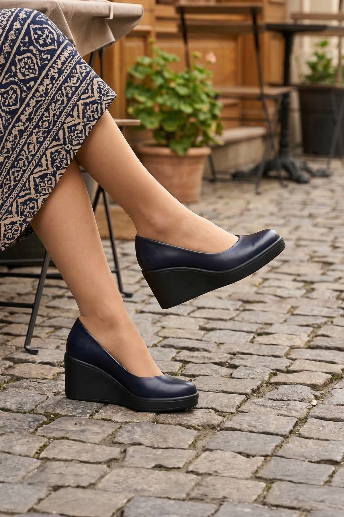 Mabel Navy Blue Genuine Calfskin Round Toe Fill Heels Casual Shoes