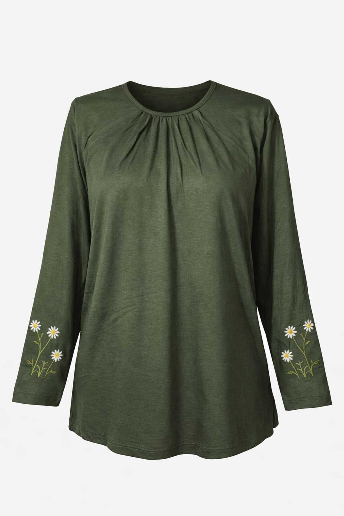 Nacar Moda  Kadın Likralı Orta Yaş Ve Üzeri Dört Mevsim Haki Anne Penye Bluz Yeni Sezon Kolu İşlemeli