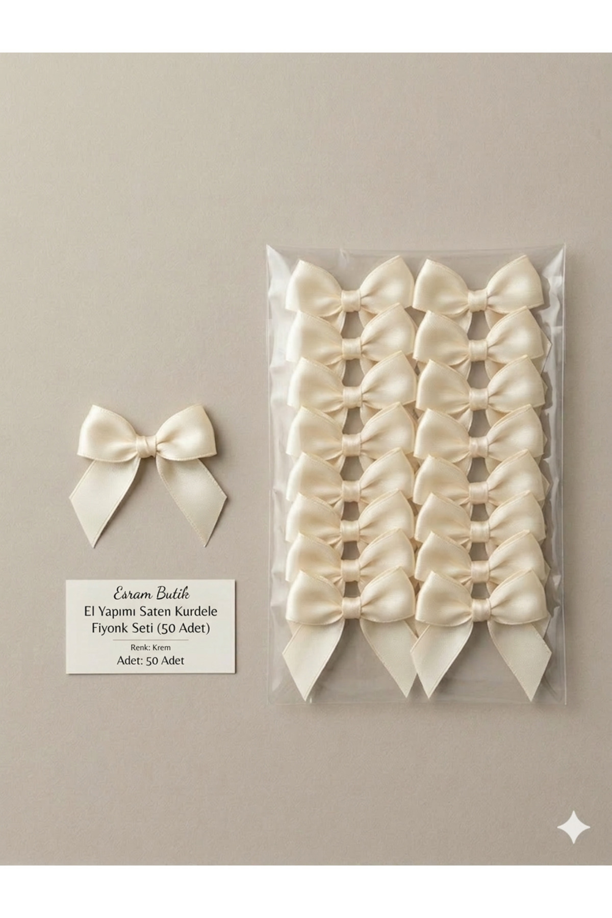 Ecru (Off-White) Wedding Candy, Gift Decoration, Balloon Decoration, Bow Satin Ribbon 10 mm 50 Pieces