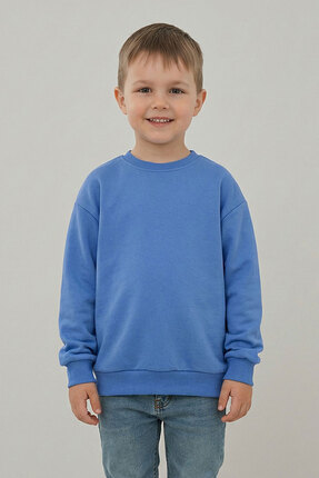evavi Çocuk Baskısız Düz Bisiklet Yaka Mavi Sweatshirt