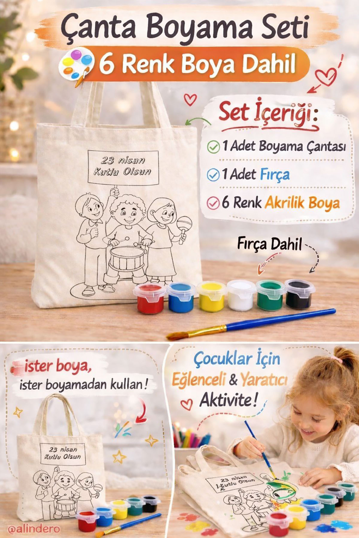 Alindero HAZIR GÖRSEL Bez çanta çocuk boyama çantası 23 NİSAN tote bag Doğum günü hediyesi fotoğrafı 2 (önizleme)