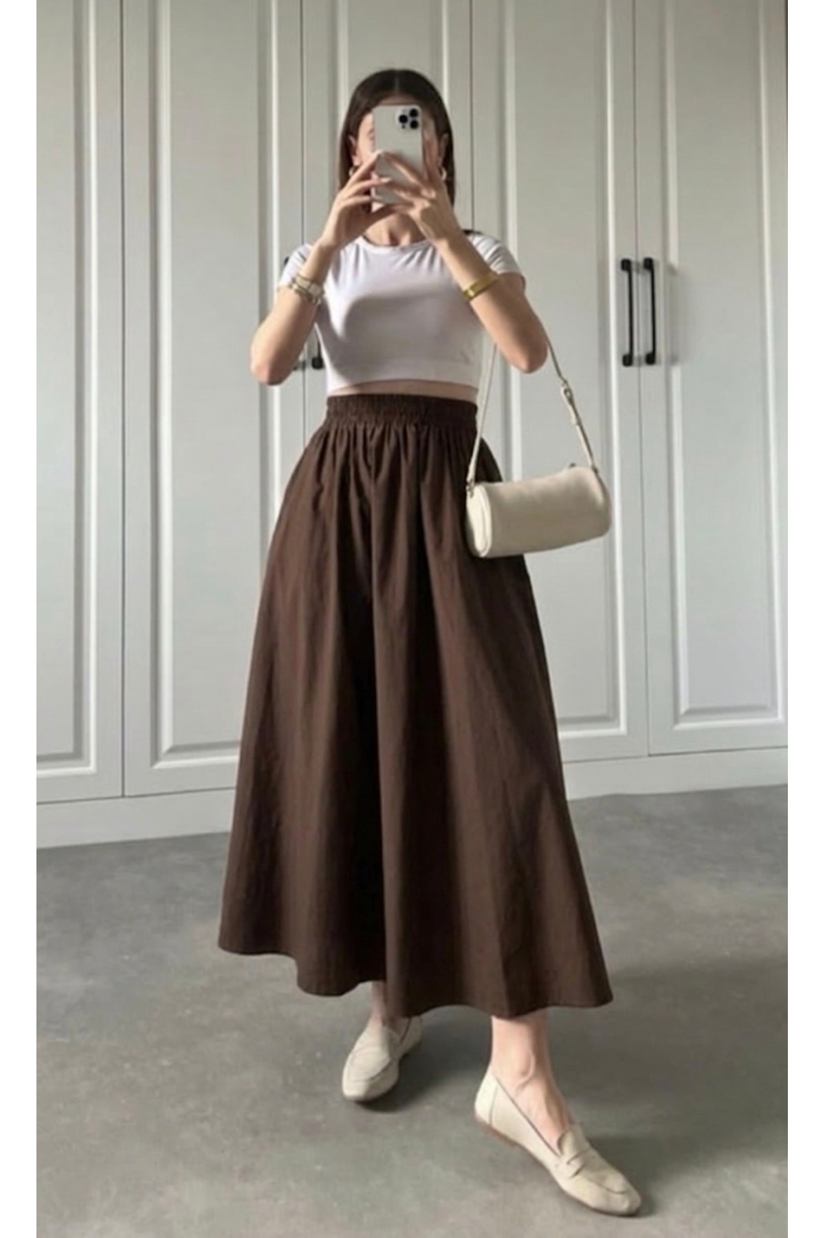Gülmude  Uzun Beli Lastikli Etek Fleto Cepli İç Göstermez Poplin Kumaş Mevsimlik Etek (90CM) - Görsel 3