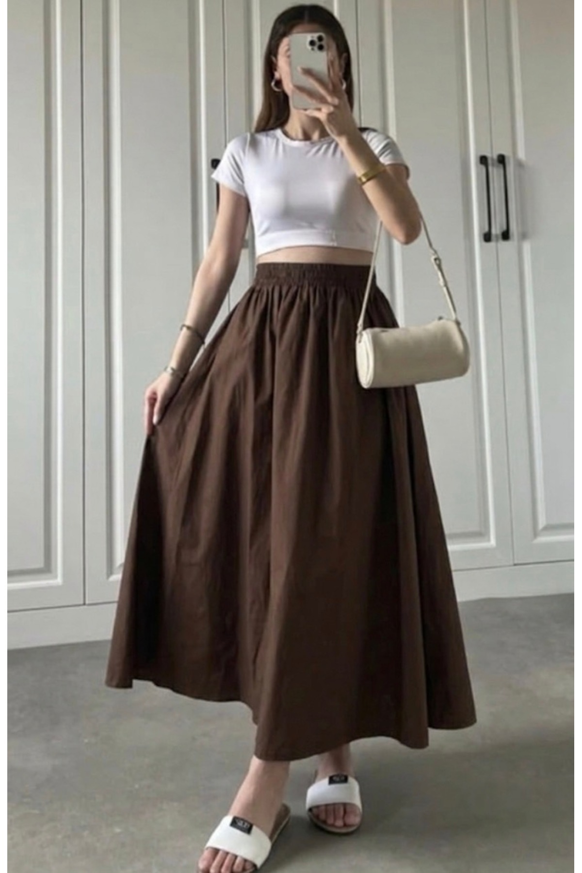 Gülmude  Uzun Beli Lastikli Etek Fleto Cepli İç Göstermez Poplin Kumaş Mevsimlik Etek (90CM) - Görsel 2