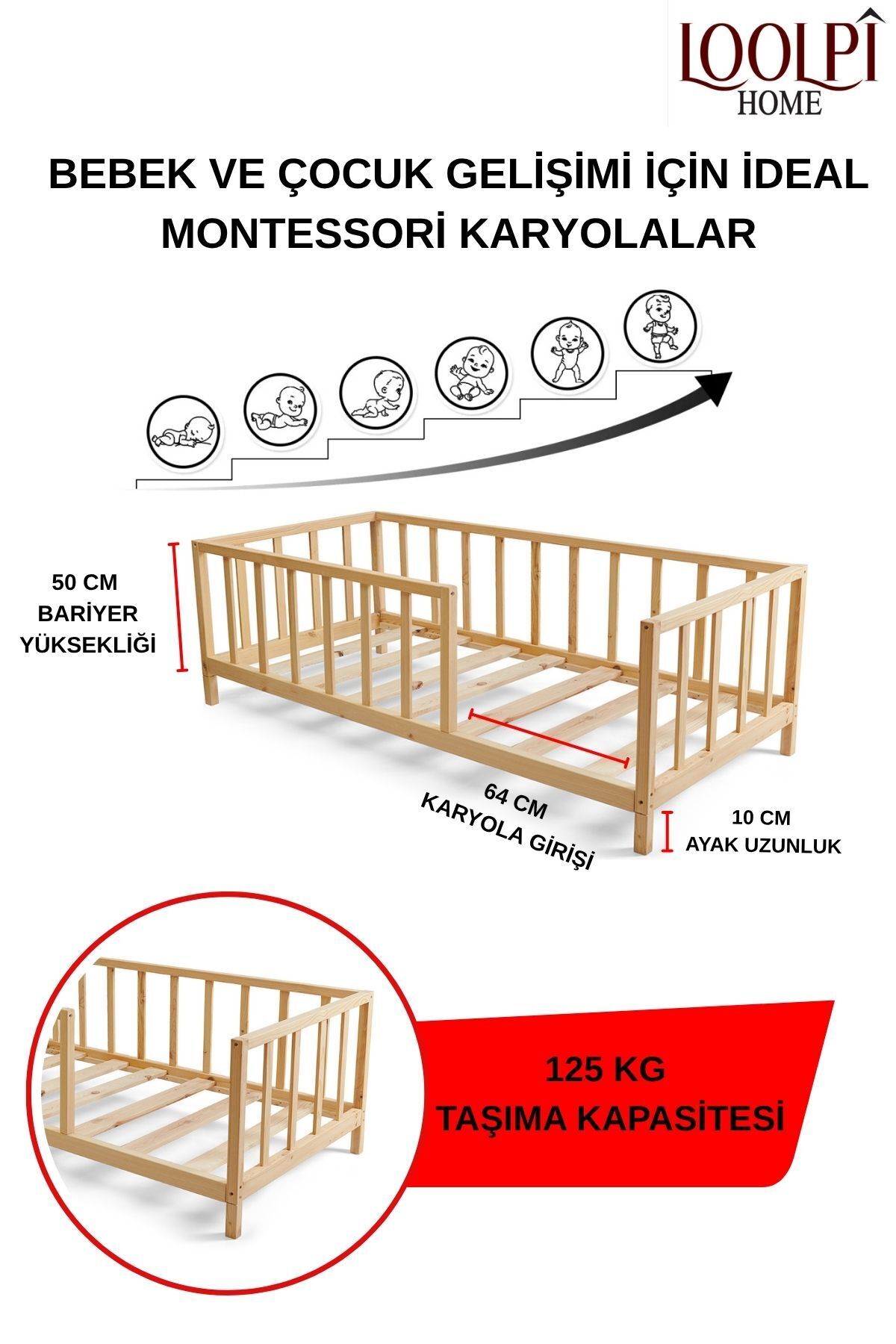 Loolpi Home Star Montessori Bebek Ve Çocuk Karyolası Unisex Doğal Ahşap Yatak fotoğrafı 7 (önizleme)