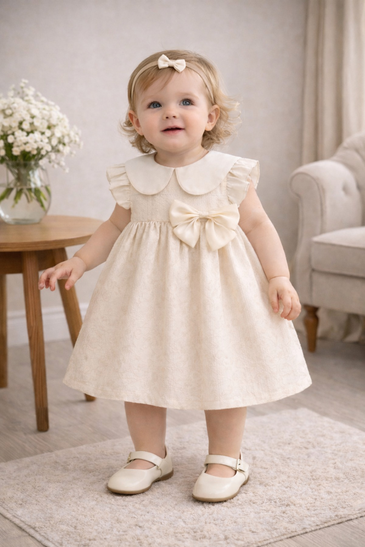 Noy Noy Kız Bebek Tokalı Fiyonklu Yakalı Şık Bej Elbise fotoğrafı 2 (önizleme)