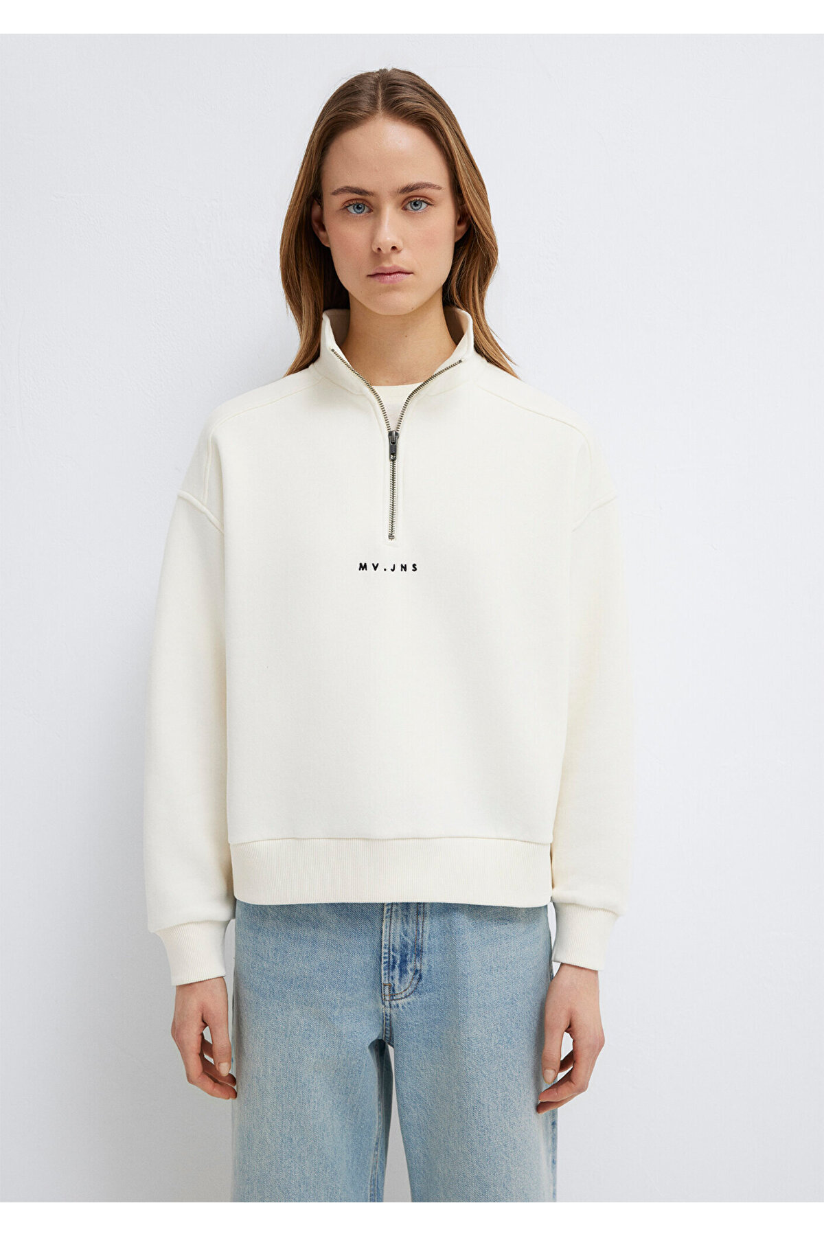 Mavi  MVJNS Nakışlı Yarı Fermuarlı Ekru Sweatshirt 1S10533-89145 - Görsel 3