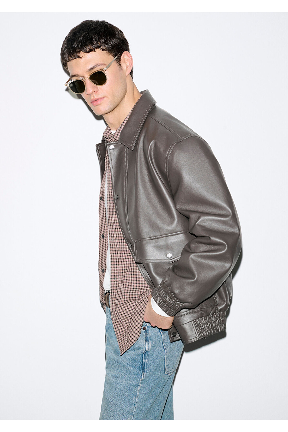 Mavi  Kahverengi Suni Deri Ceket Loose Fit / Bol Rahat Kesim 0110796-70219 - Görsel 2