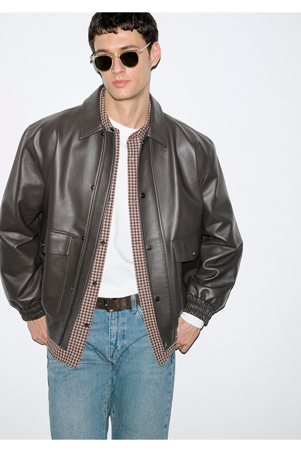 Mavi  Kahverengi Suni Deri Ceket Loose Fit / Bol Rahat Kesim 0110796-70219 - Görsel 3