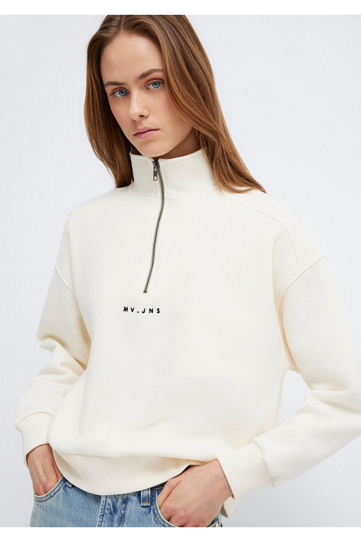 Mavi  MVJNS Nakışlı Yarı Fermuarlı Ekru Sweatshirt 1S10533-89145 - Görsel 2
