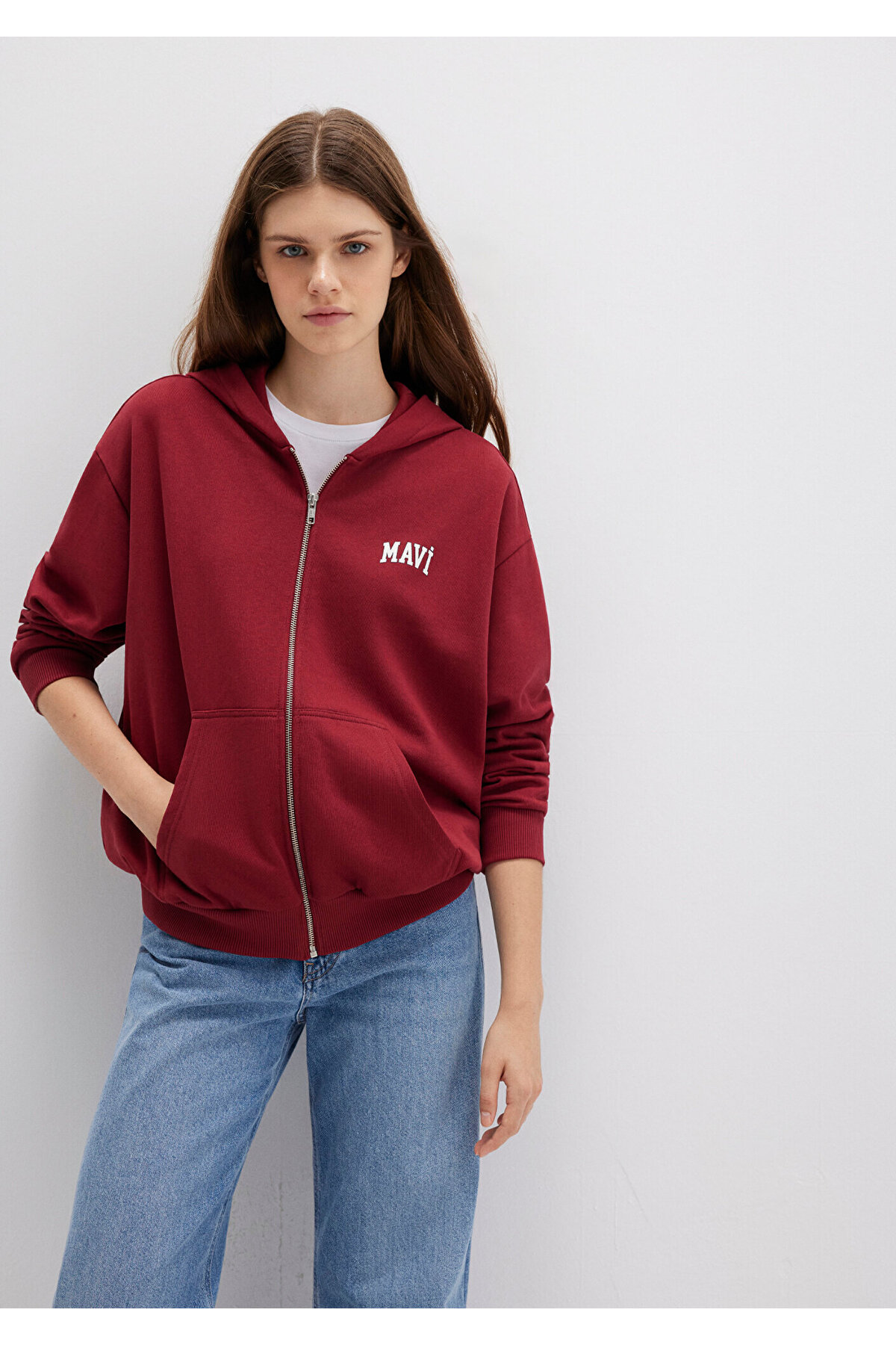 Mavi  Logo Baskılı Kapüşonlu Fermuarlı Bordo Sweatshirt 1S10178-85493 - Görsel 2