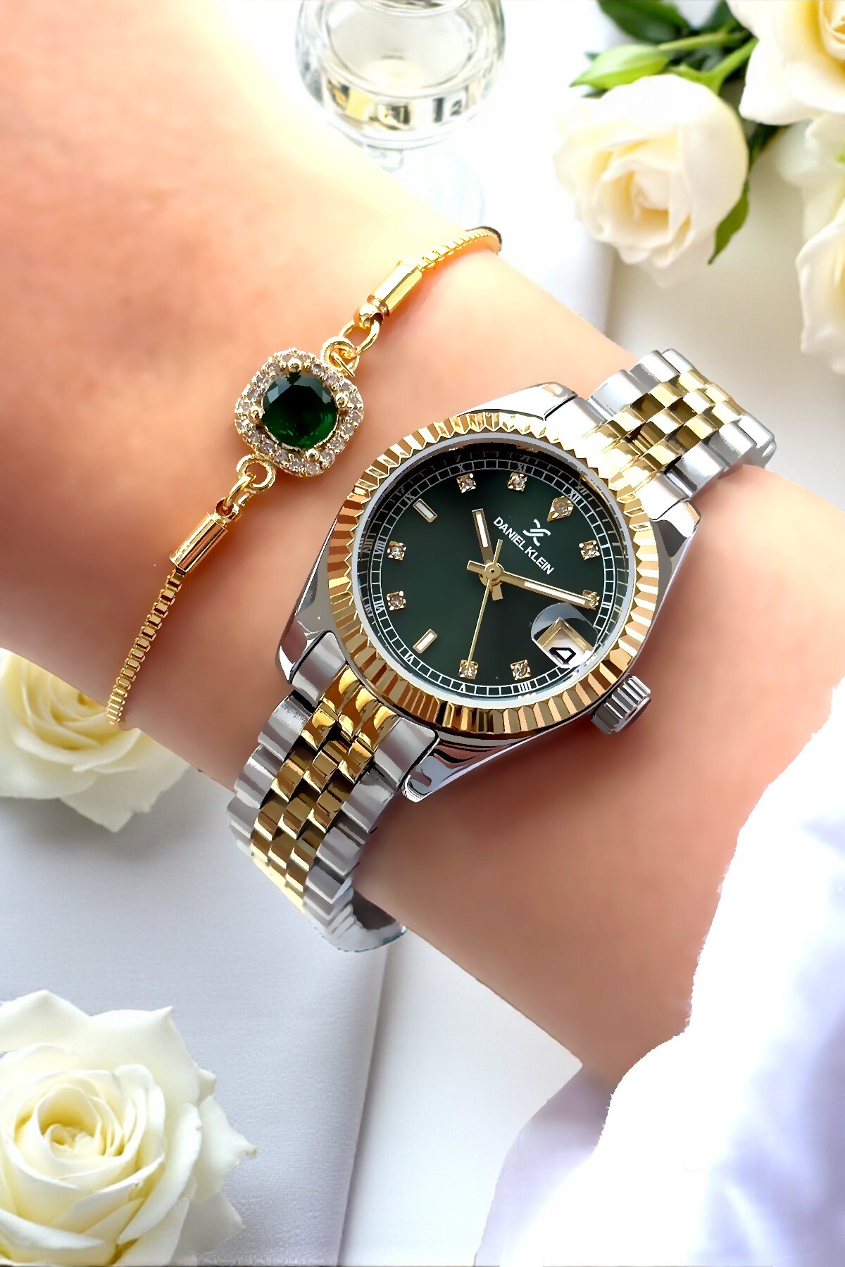 Daniel Klein  %100 Orijinal Sevgiliye Hediye Yeşil Kadranlı Altın Gümüş Renk Kadın Kol Saati Bileklik Kombini - Görsel 4