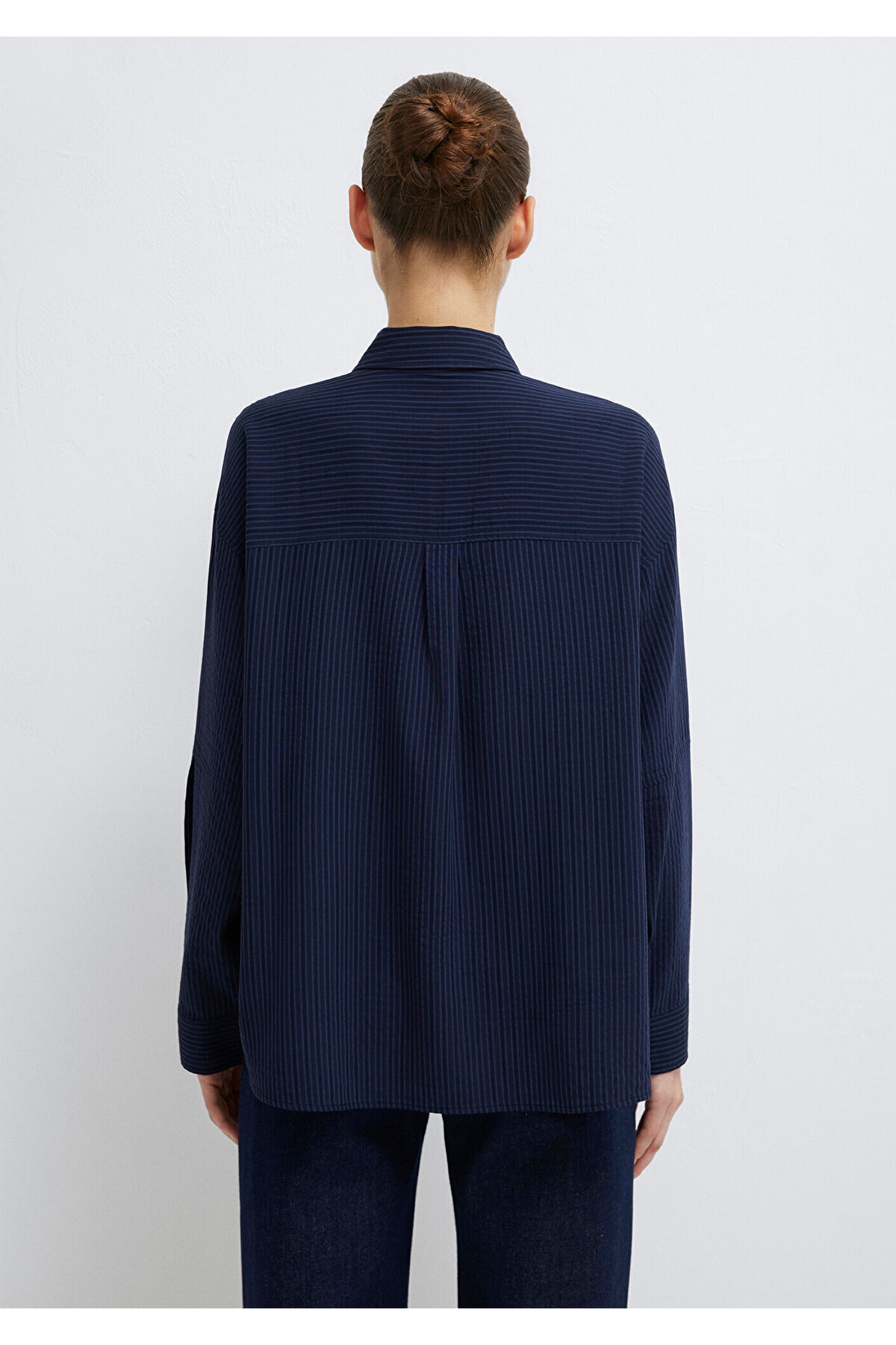 Mavi  Çizgili Lacivert Gömlek Oversize / Geniş Kesim 1210878-83699 - Görsel 5