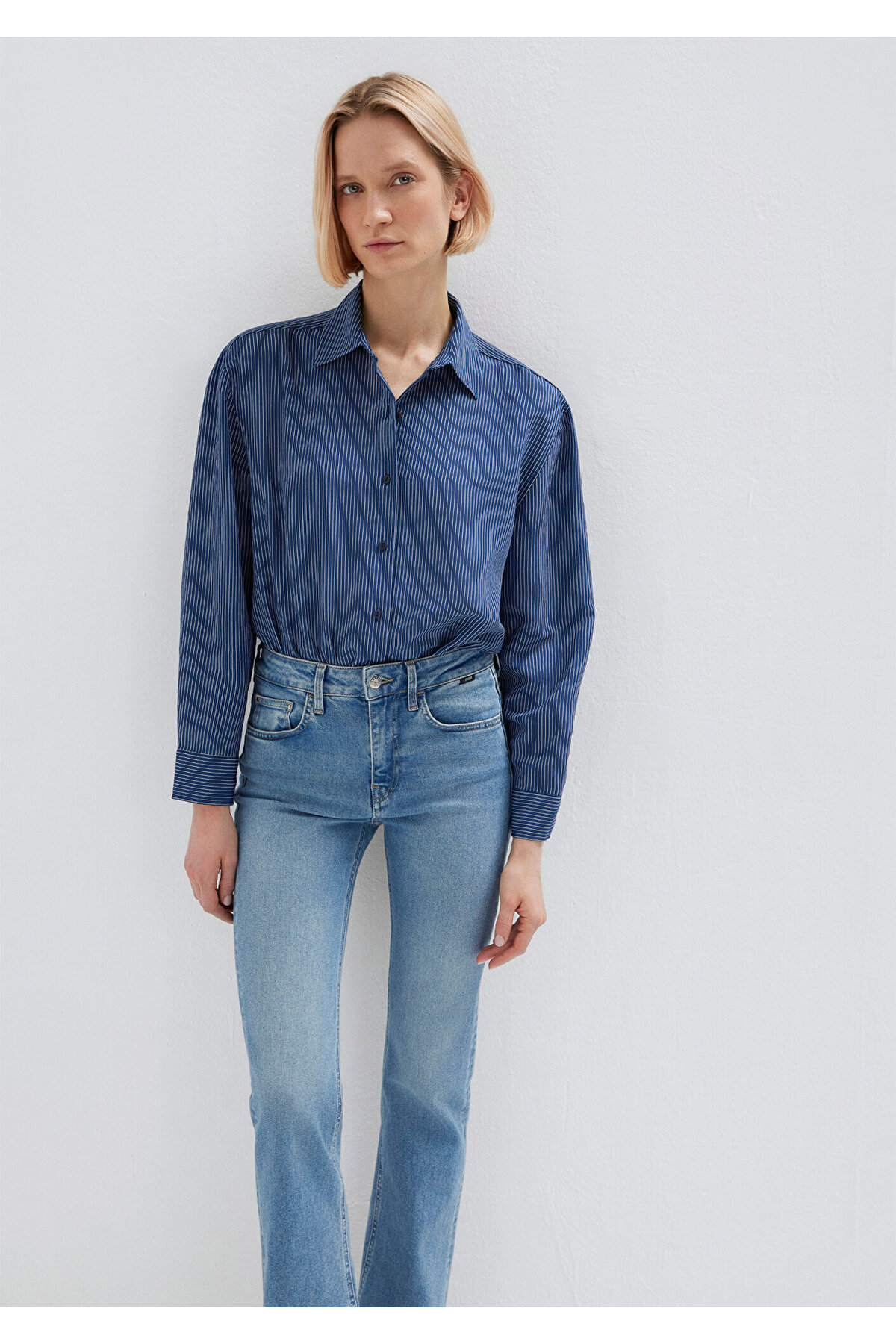 Mavi  Çizgili Lacivert Gömlek Loose Fit / Bol Rahat Kesim 1210683-80736 - Görsel 2