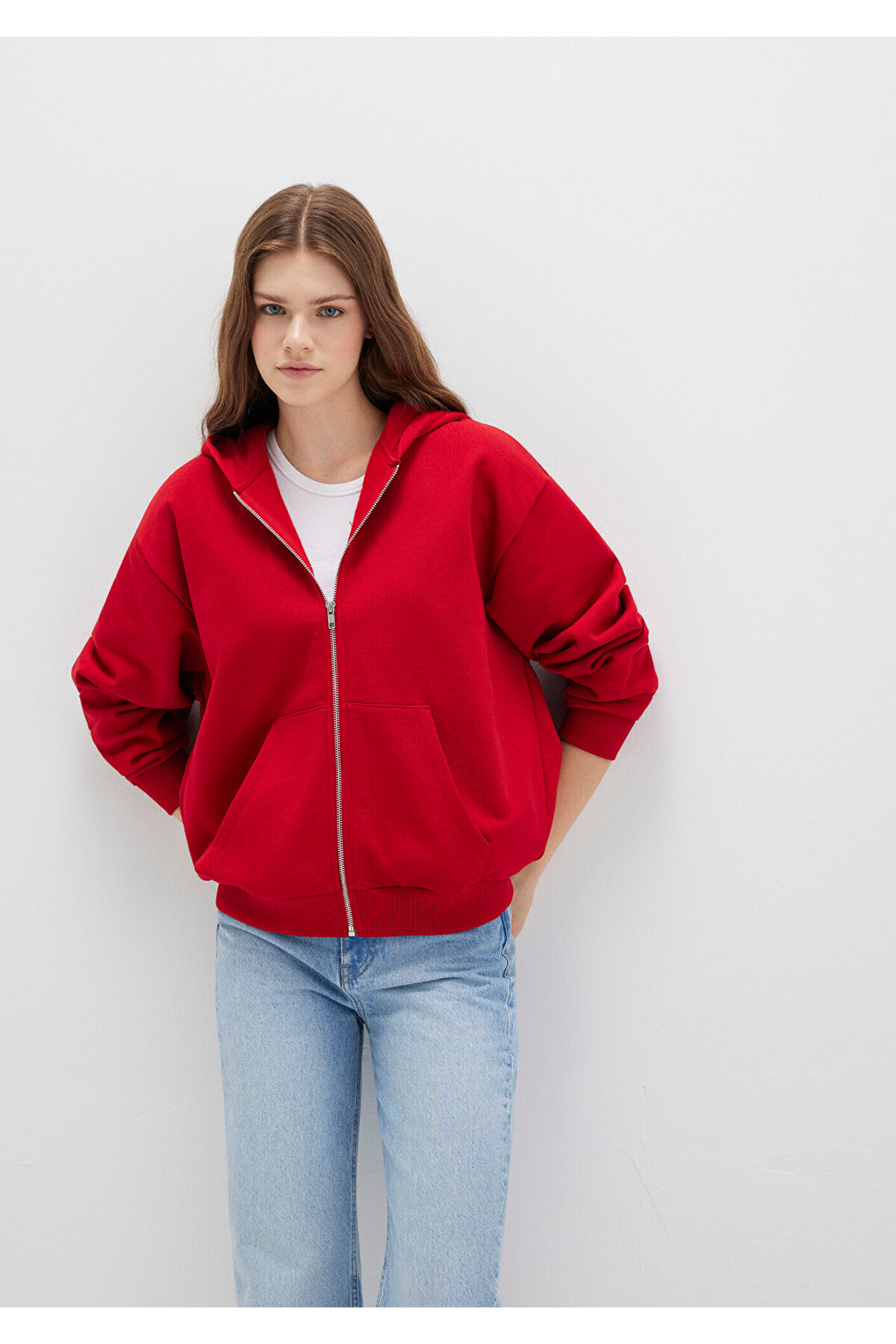 Mavi  Fermuarlı Kapüşonlu Kırmızı Basic Sweatshirt 1611775-82054 - Görsel 2