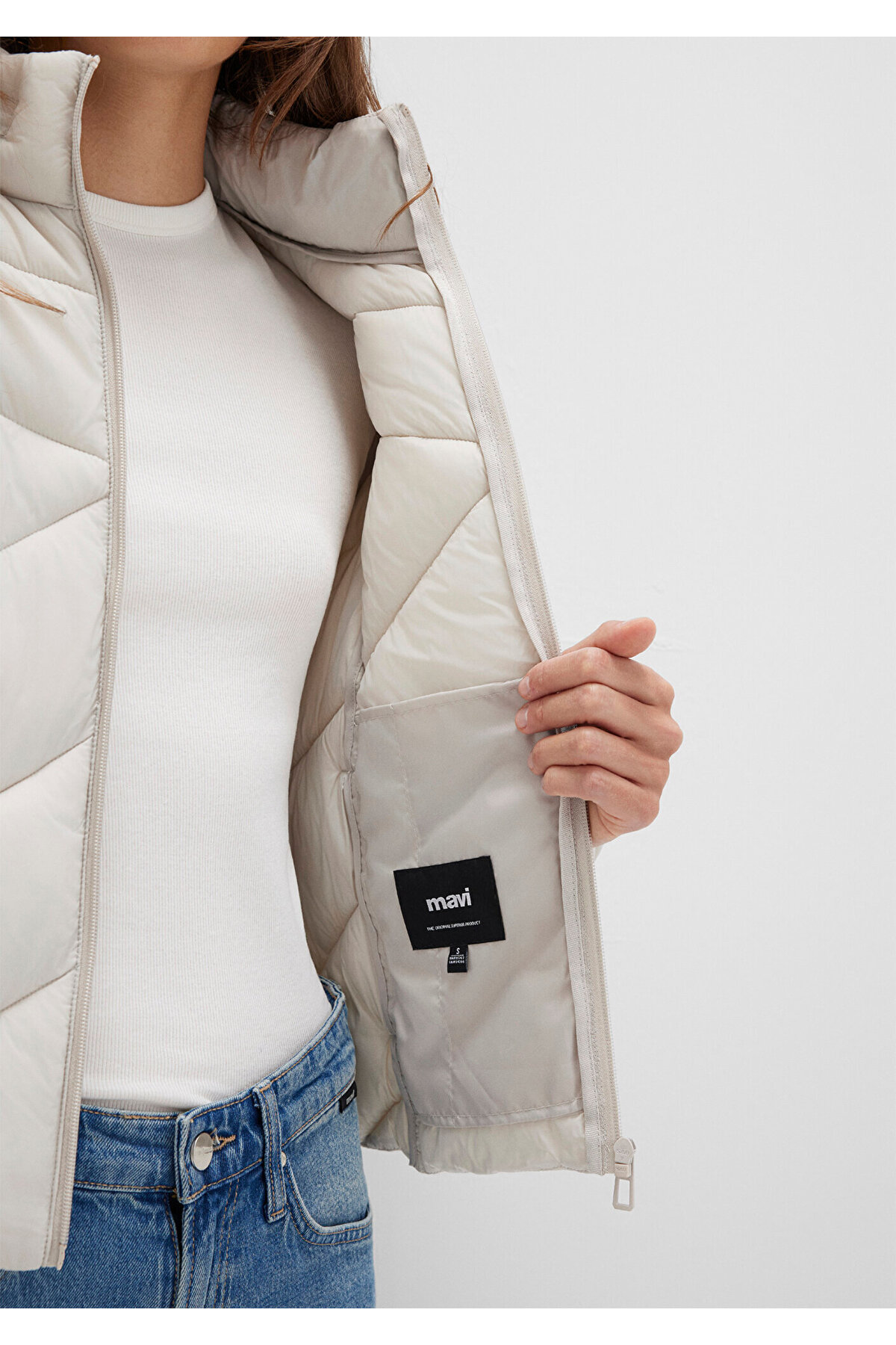 Mavi  Su İtici Dik Yaka Ekru Şişme Mont 110698-27105 - Görsel 8