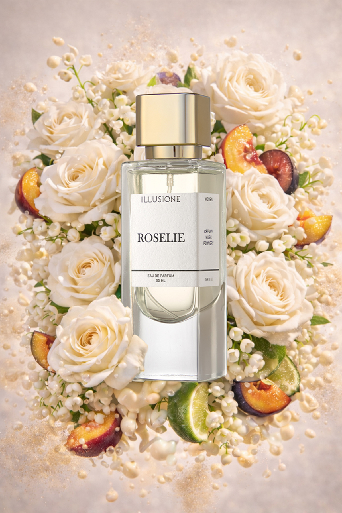 عطر زنانه Roselie EDP 50 میلی لیتر | کرمی-مشک-پودری | هلو، گل سفید، نعناع هندی — IPW010 — تصویر 3 از 8