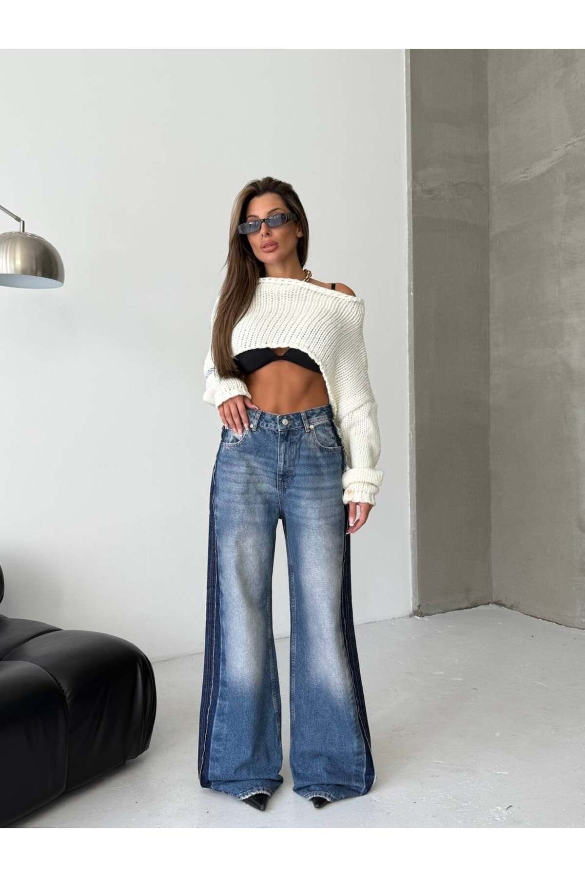 Women's Double Color Side Striped Wide Leg Jean - 100% Cotton Vintage Wash Wide Leg Pants