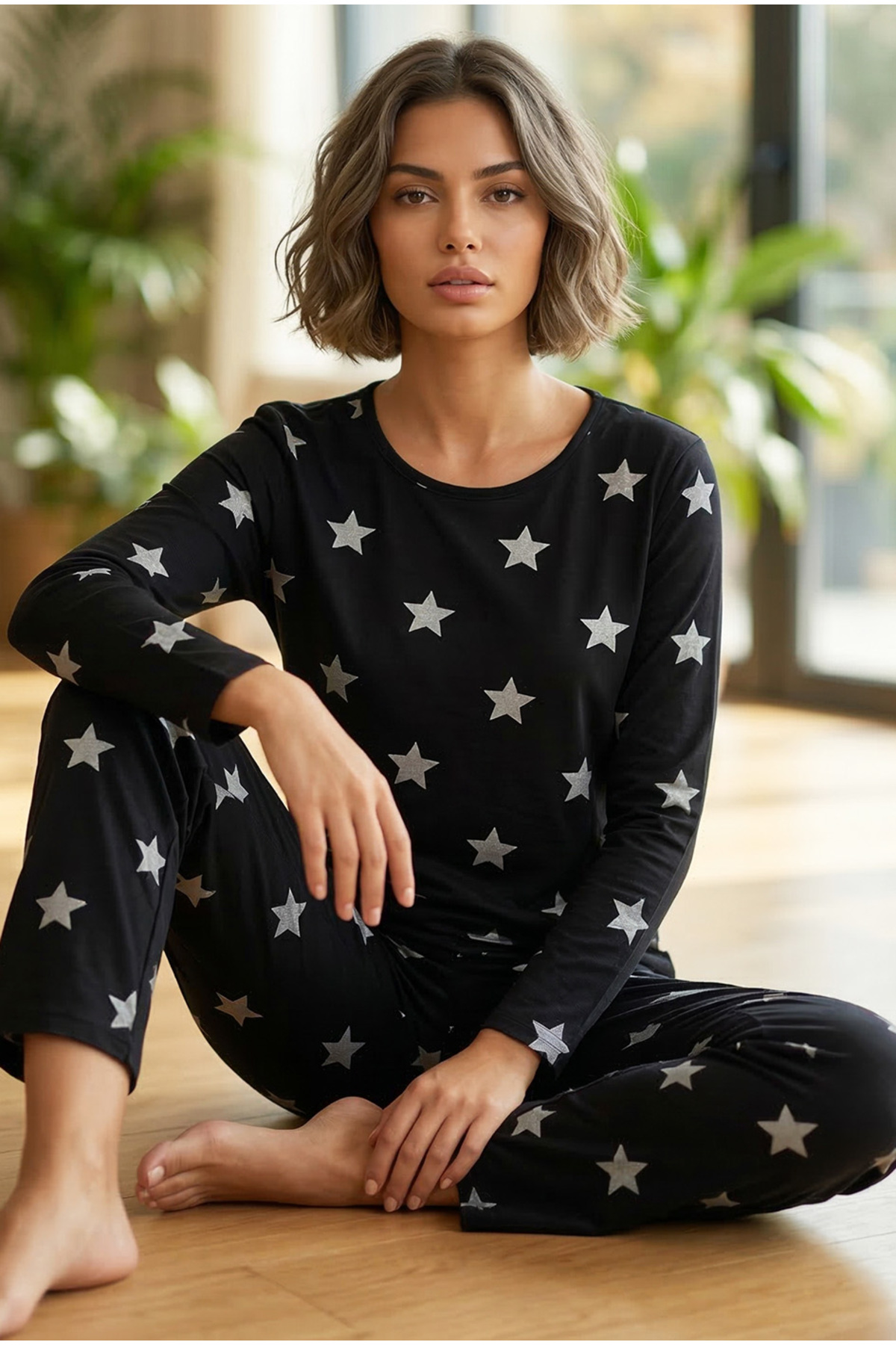 black and white star patterned Cotton Pajamas Set