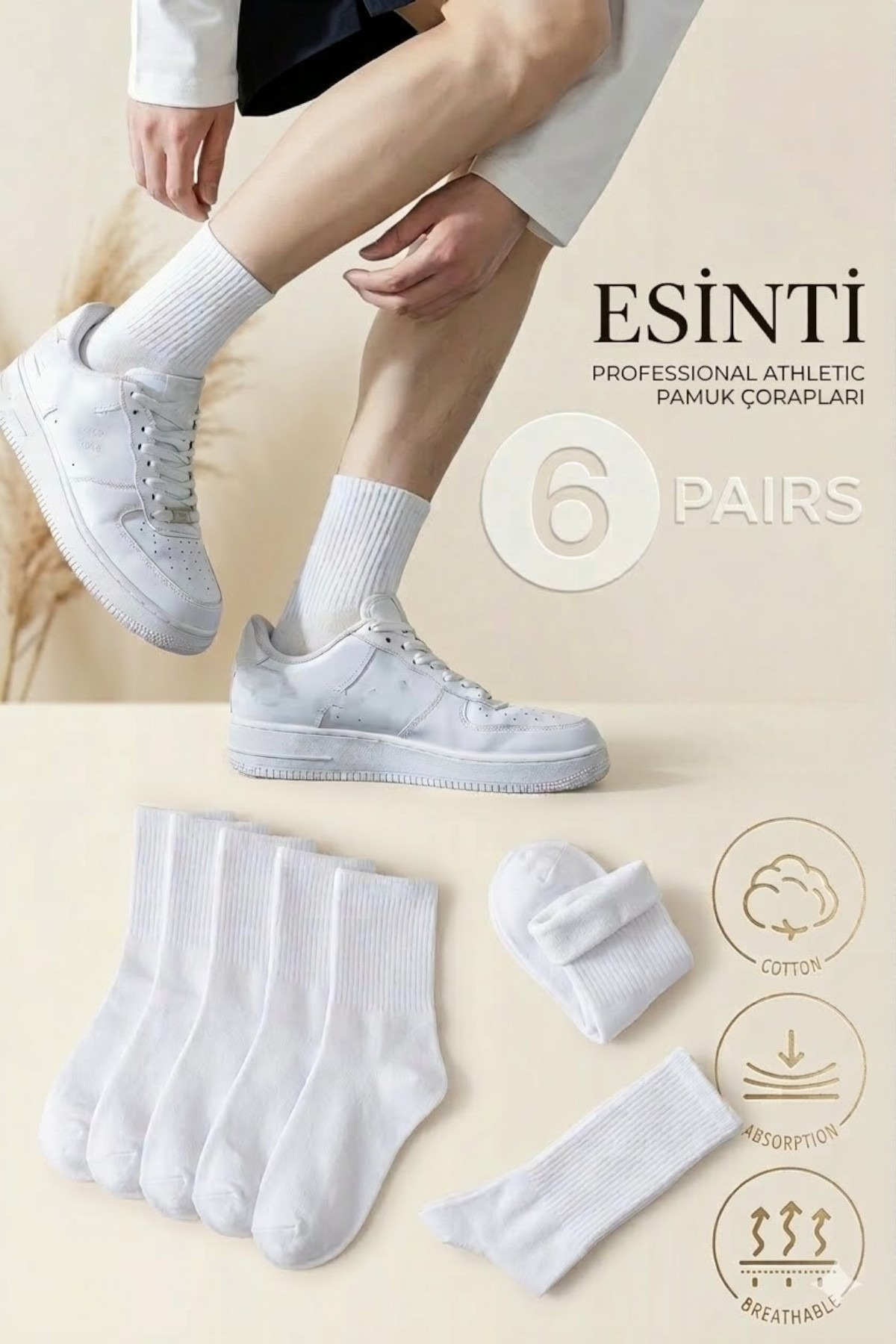 Esinti 6 Çift Erkek Kadın Beyaz Kolej Çorap Beyaz Unisex Çorap görsel 4