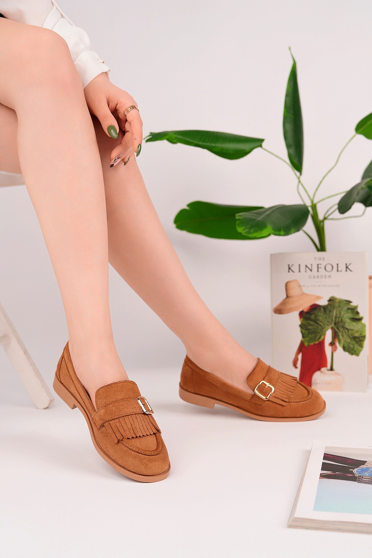 MUGGO TUFT Gold Tokalı Püsküllü Süet Kadın Günlük Loafer Ayakkabı görsel 6