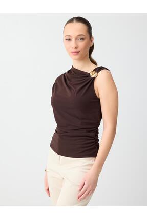 Jimmy Key Acı Kahve Asimetrik Yaka Düşük Omuz Dar Kesim Örme Bluz