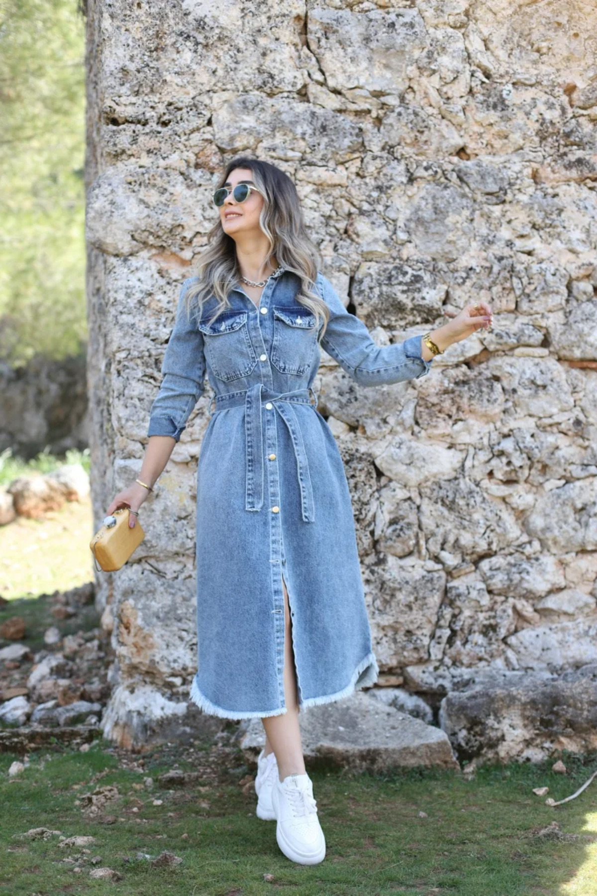 bytugcekaya  Uzun Kemerli Cepli Jean Elbise - Görsel 6