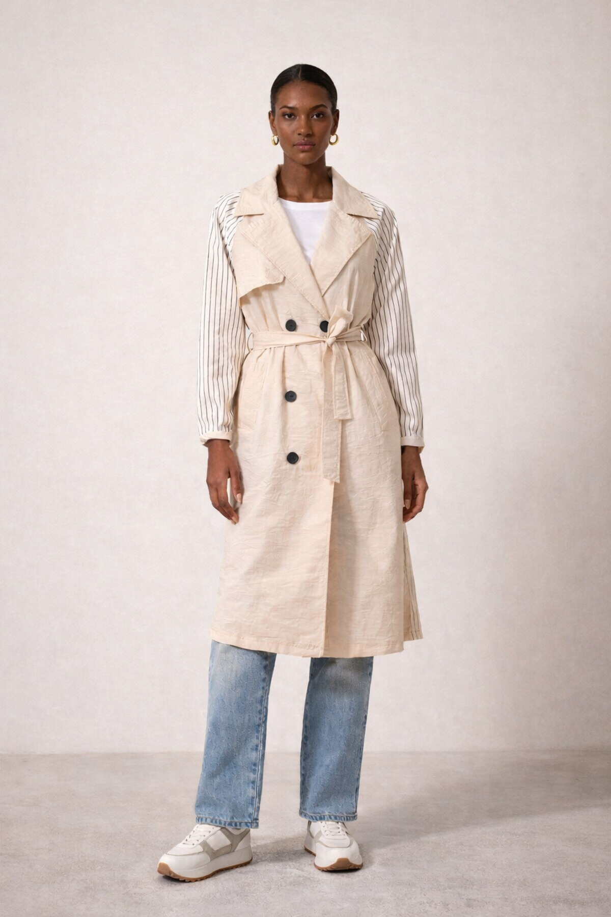 Long Trench Coat with Tread Detail and Belt 7089 R1-B-K2