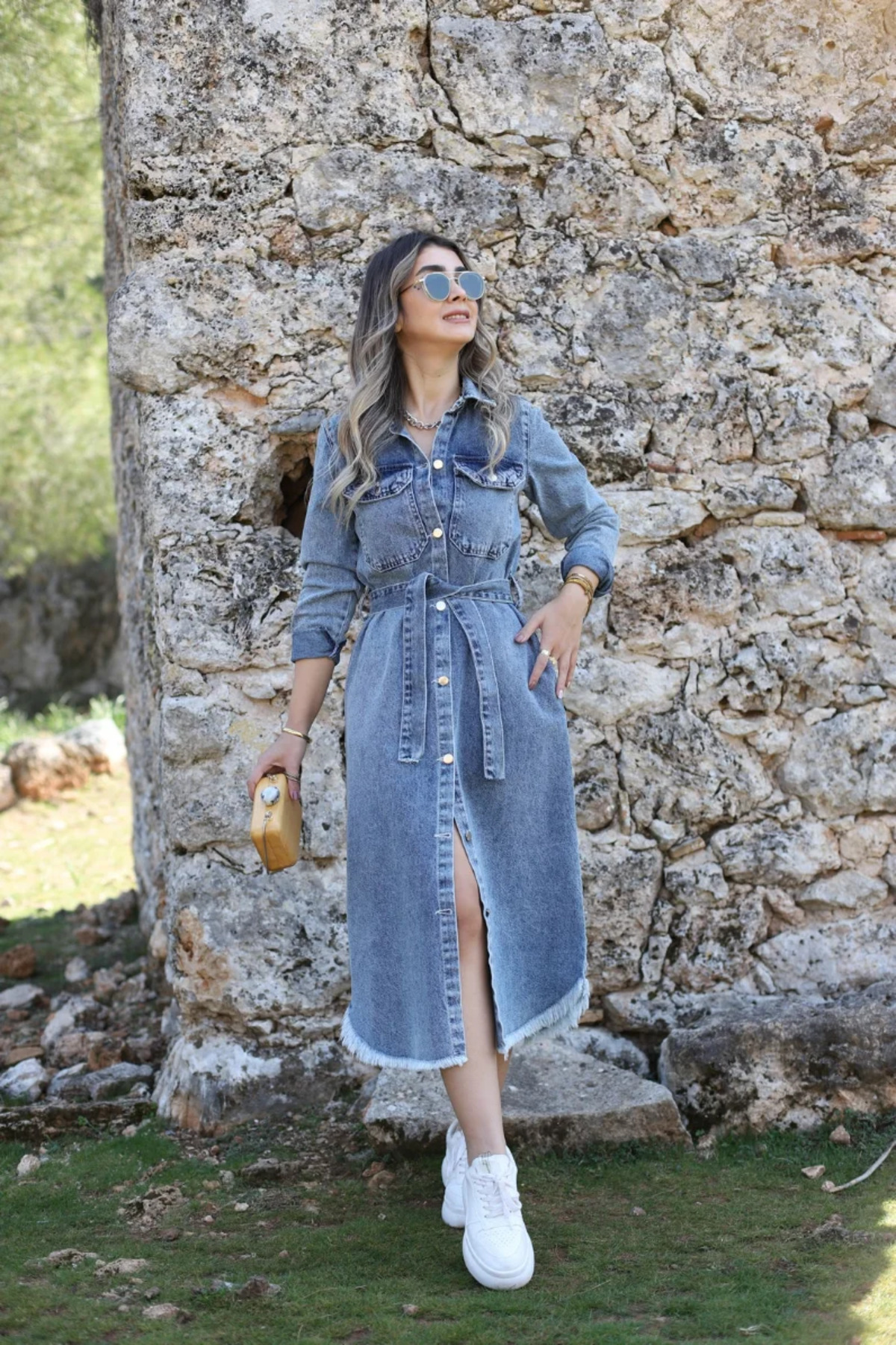 bytugcekaya  Uzun Kemerli Cepli Jean Elbise - Görsel 5