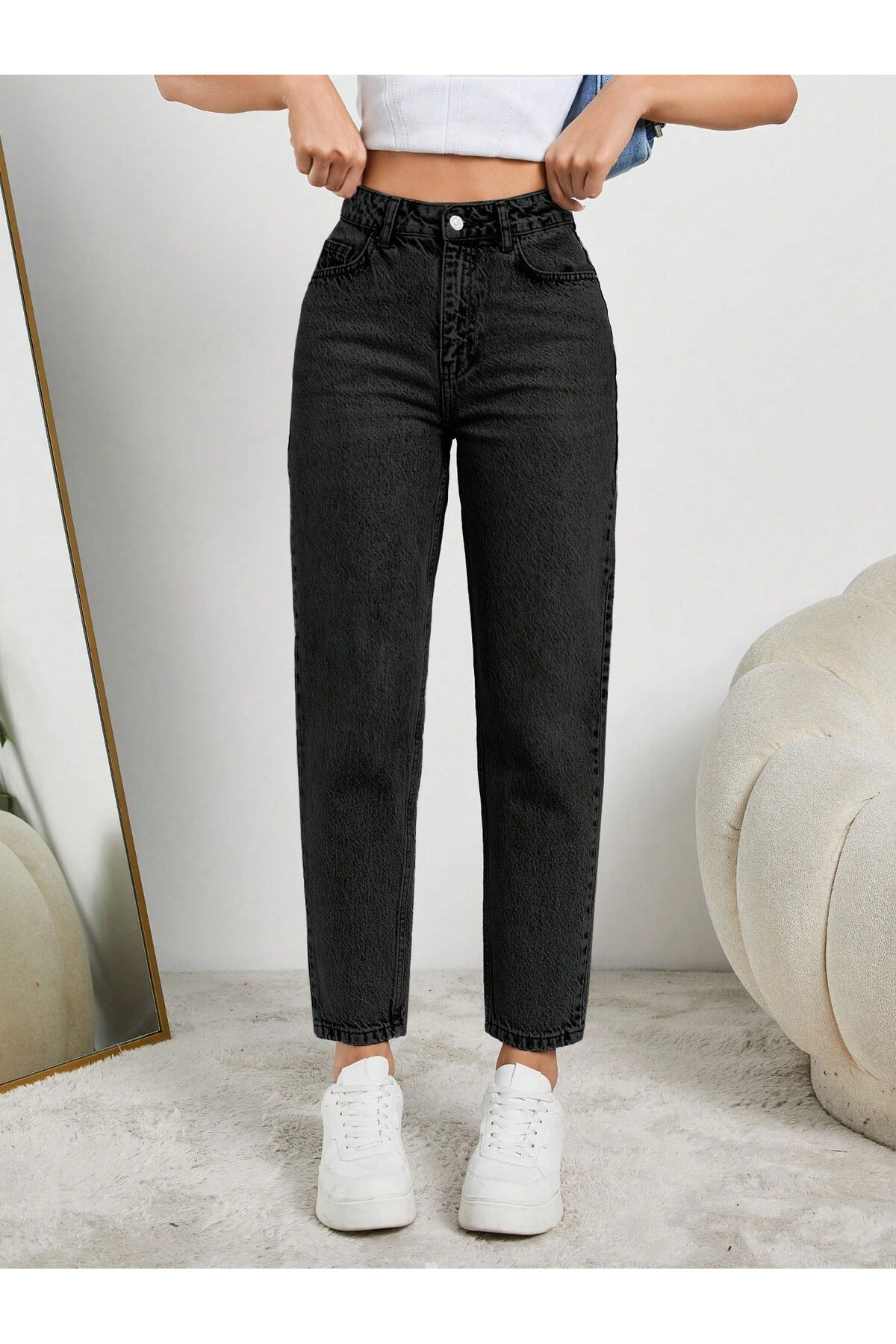 HerTon  Kadın Yüksel Bel Mom Jean Pantolon %100 cotton Esneme yok - Görsel 3