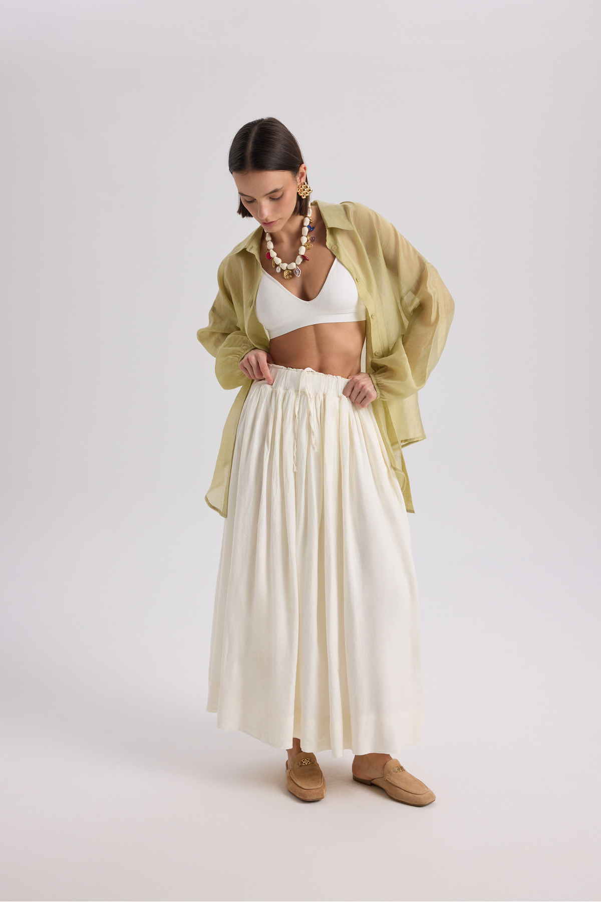 BOHEMAİ  Gabbiano Bağcıklı Pileli Ekru Keten Etek