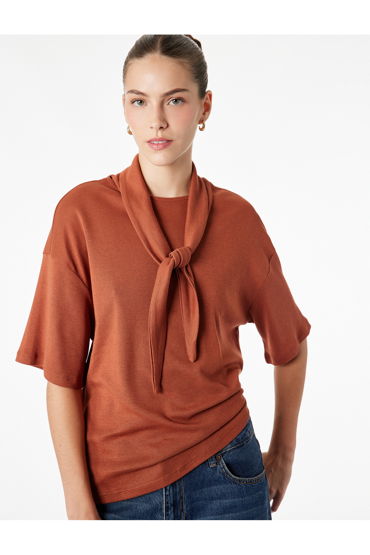 Koton Modal Fabric Short Sleeve Scarf Collar Detail T-Shirt