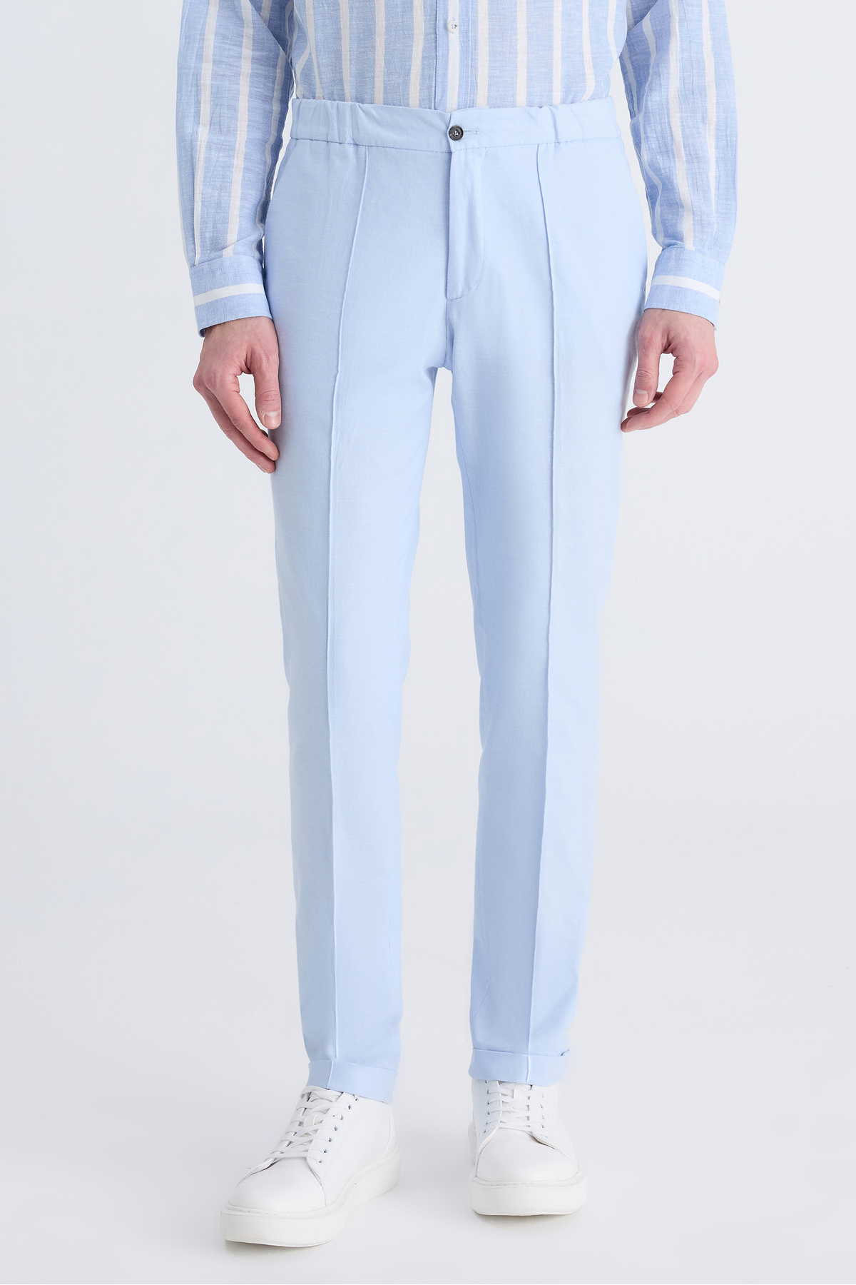 TWN  Slim Fit Mavi Armürlü Keten Karışımlı Jogger Pantolon