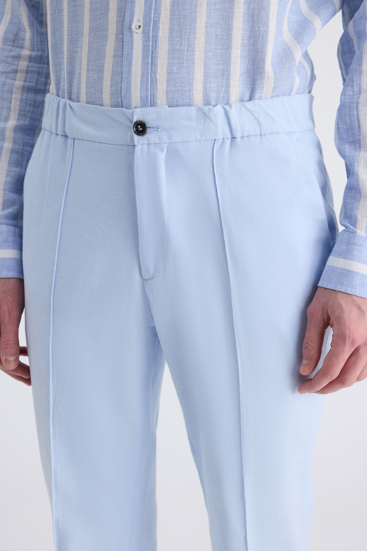 TWN  Slim Fit Mavi Armürlü Keten Karışımlı Jogger Pantolon - Görsel 2