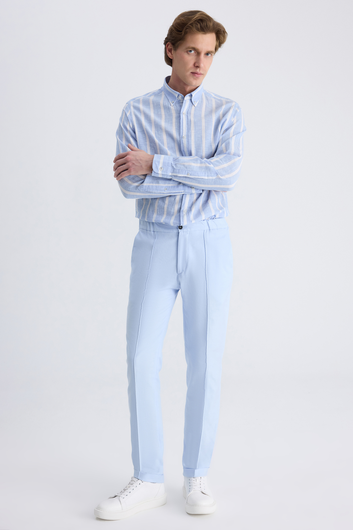 TWN  Slim Fit Mavi Armürlü Keten Karışımlı Jogger Pantolon - Görsel 4