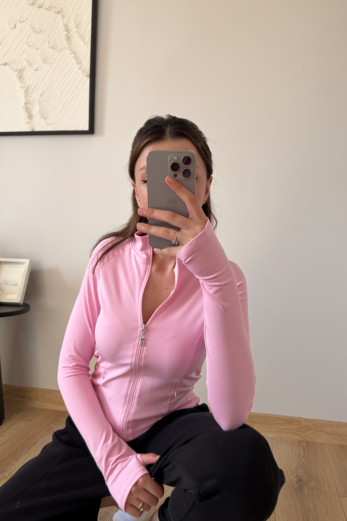 İlayda Toprak Rover Kadın Uzun Kollu Fermuarlı Cepli Parmak Geçirmeli Pembe Fit Spor Bluz görsel 5
