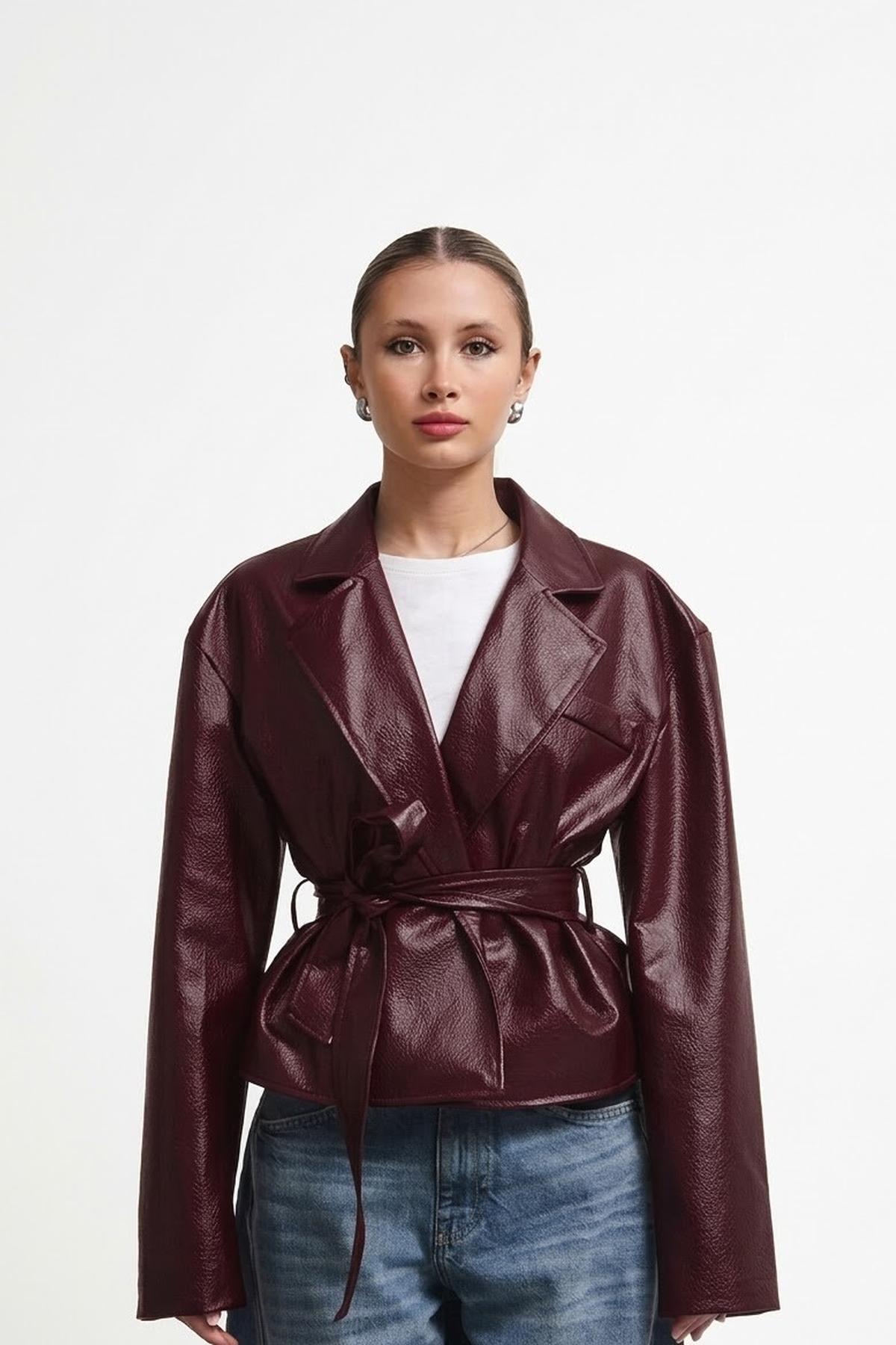 Jaglion  New Season Kruvaze Kuşaklı Düğmeli Deri Ceket - Görsel 5