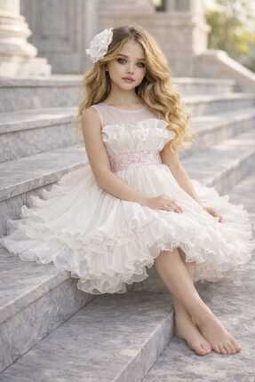 By Feyza Kids Collection kız çocuk Beyaz Abiye Elbise Payetli Fiyonklu Prense...