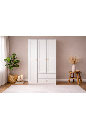 Noiss SPRİNG 3 KAPAKLI GARDIROP - MAT BEYAZ - ÇEKMECELİ - RAFLI - BOYALI KAPAK
