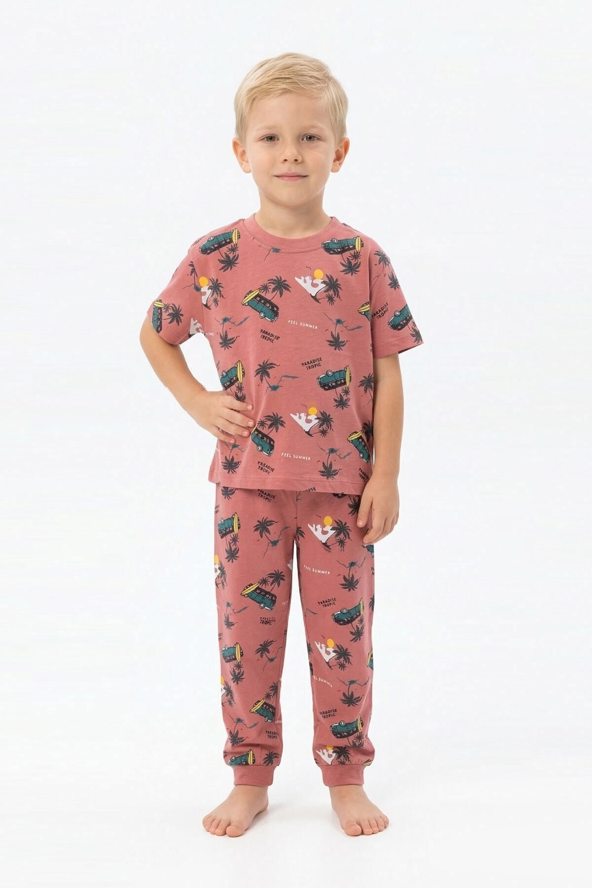 bunny hopp Erkek Çocuk %100 Pamuk Yazlık Sörf ve Karavan Desenli Pijama Takımı - Kısa Kollu Manşetli Kiremit fotoğrafı 4 (önizleme)