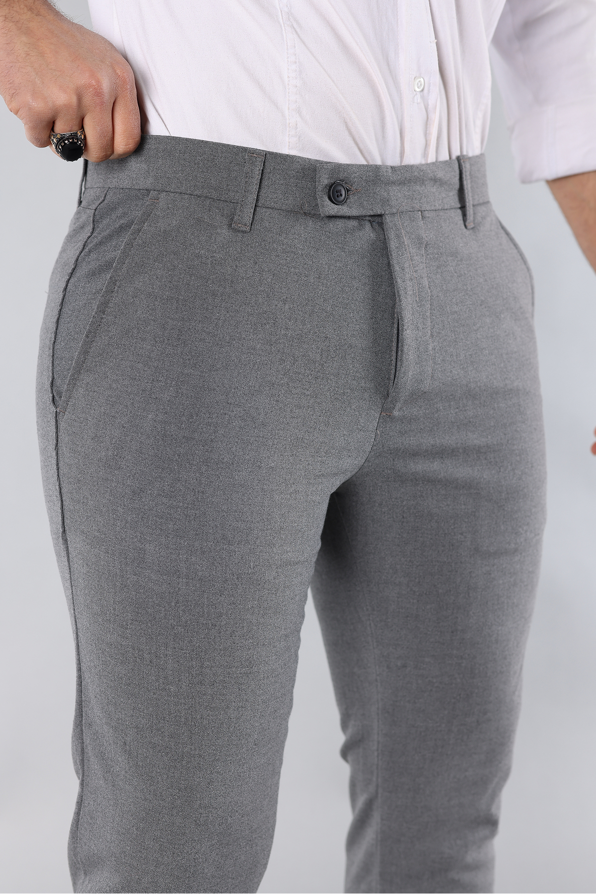 MY VİNTAGE  Erkek Slim Fit Likralı Bilek Boy Italyan Kesim Gri Kumaş Pantolon - Görsel 7