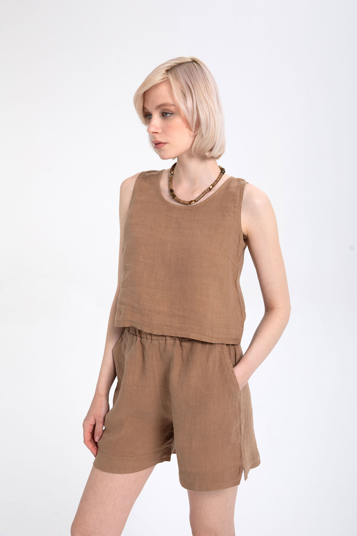 Linen Button Back Sleeveless Blouse Brown