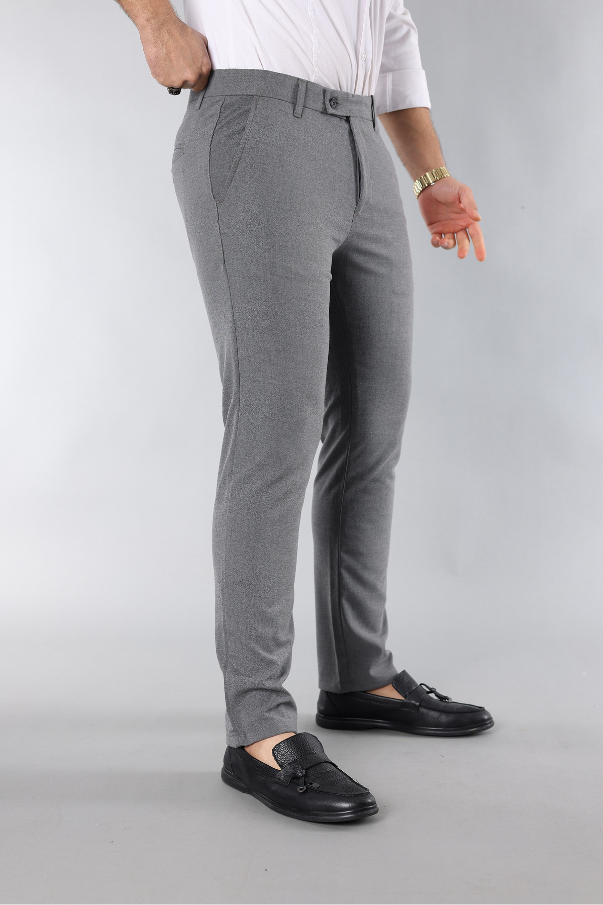 MY VİNTAGE  Erkek Slim Fit Likralı Bilek Boy Italyan Kesim Gri Kumaş Pantolon - Görsel 4