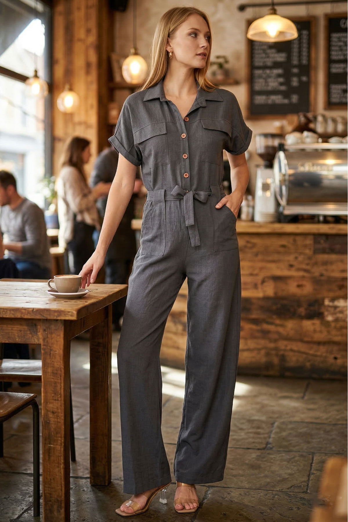 Women's Dark Gray Button Front Waist Belted Pocket Bat Sleeve Palazzo Romper ARM-24Y001105