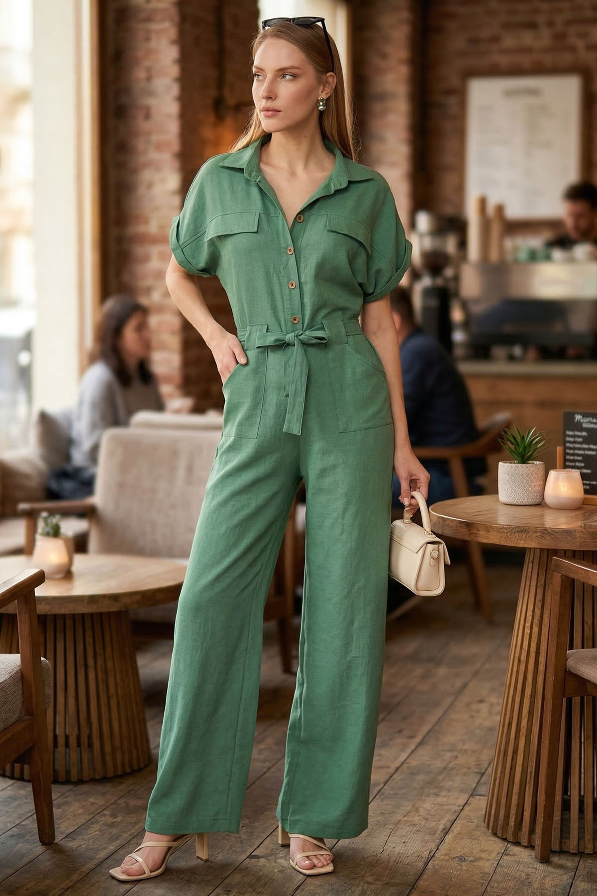 Women's Mint Button Front Waist Belted Pocket Bat Sleeve Palazzo Romper ARM-24Y001105