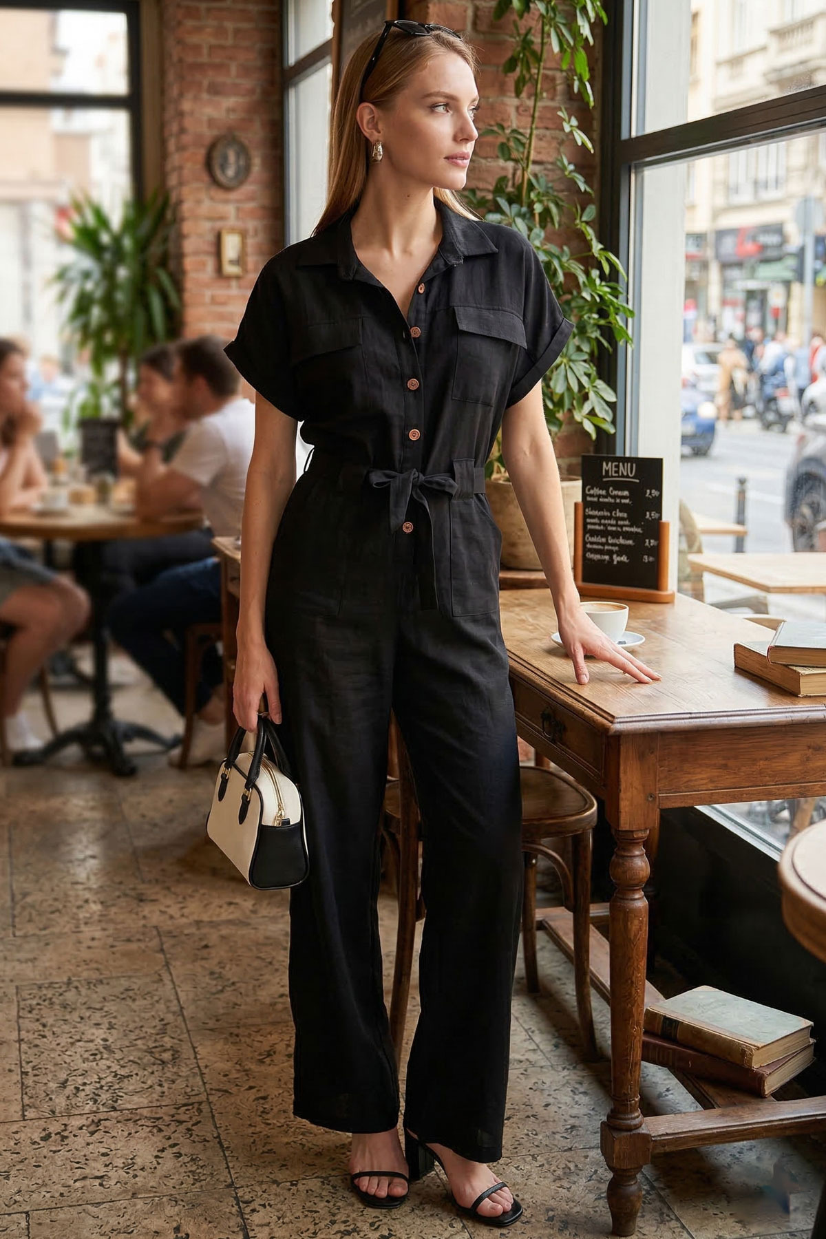 Women's Black Button Front Waist Belted Pocket Bat Sleeve Palazzo Romper ARM-24Y001105