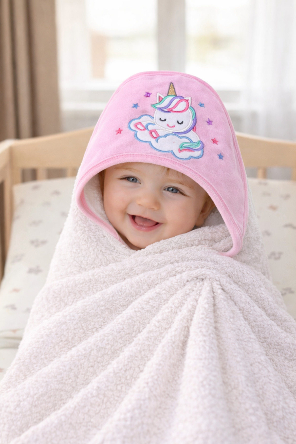 Tomuycuk %100 Pamuklu Başlıklı & Unicorn Nakışlı Bebek Banyo Havlusu- Yumuşak & Su Emici Havlu Hediyelik fotoğrafı 3 (önizleme)