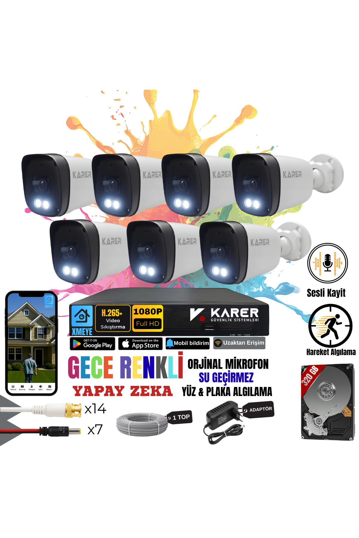 EXİTCAM 7 Kameralı Full HD Sesli AHD Güvenlik Seti – 8 Kanal DVR, 320 GB HDD, Renkli Gece Görüşü, Yü