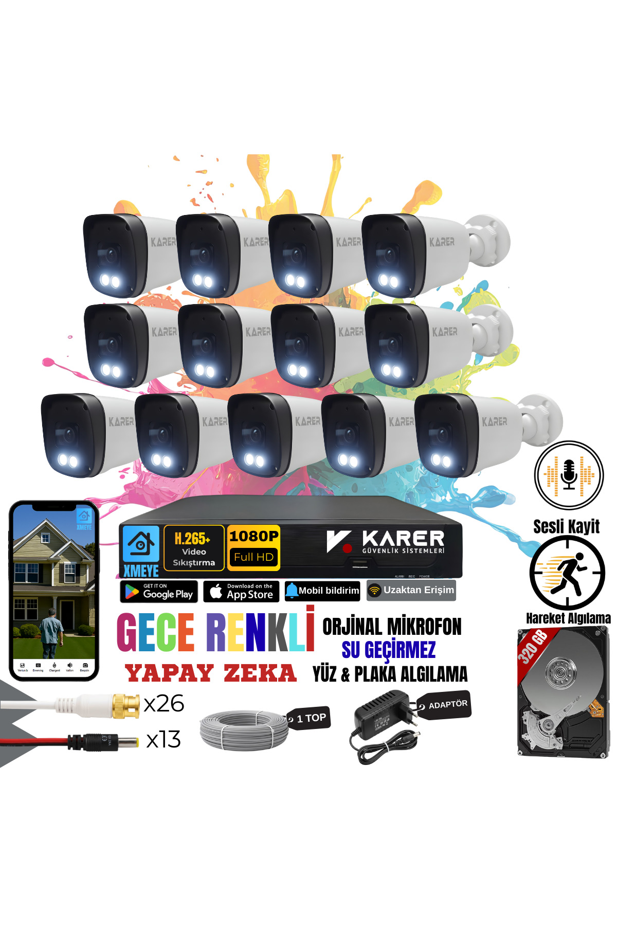 EXİTCAM 13 Kameralı Full HD Sesli AHD Güvenlik Seti – 16 Kanal DVR, 320 GB HDD, Renkli Gece Görüşü,