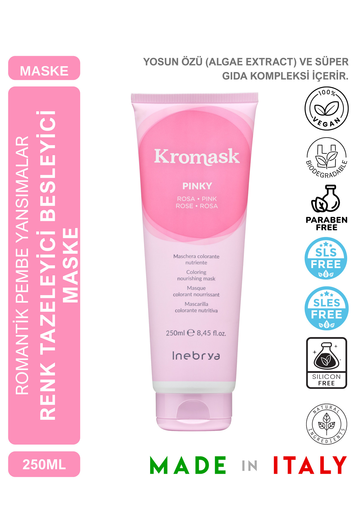 Inebrya Kromask Pinky Pembe Pigment Maske 250 ml | Soğuk Pembe Tonlu Saçlar İçin Canlı ve Parlak Bakım — 8008277264547