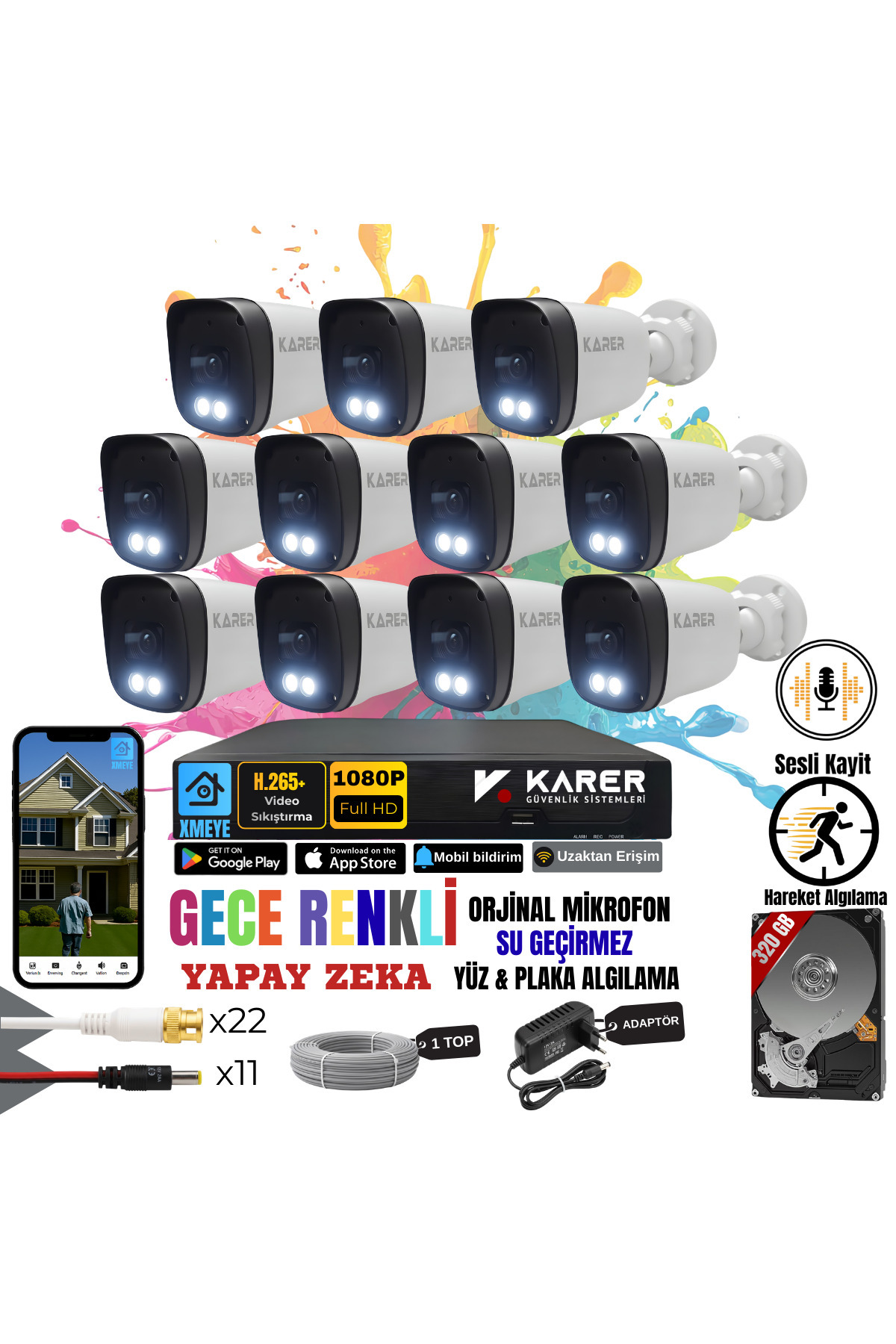 EXİTCAM 11 Kameralı Full HD Sesli AHD Güvenlik Seti – 16 Kanal DVR, 320 GB HDD, Renkli Gece Görüşü,